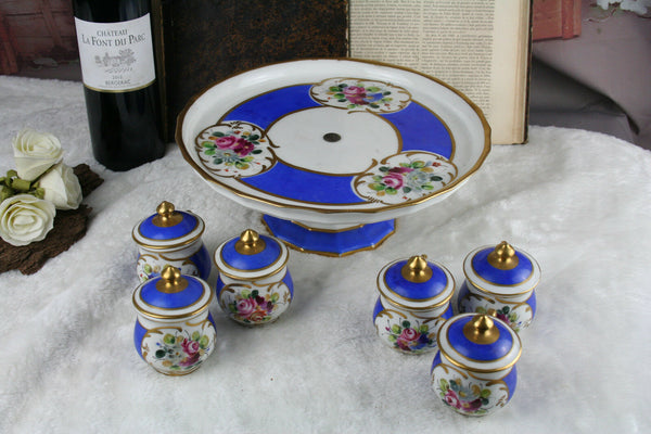 Antique French Serving tray 6 cream pots sevres floral porcelain 1900