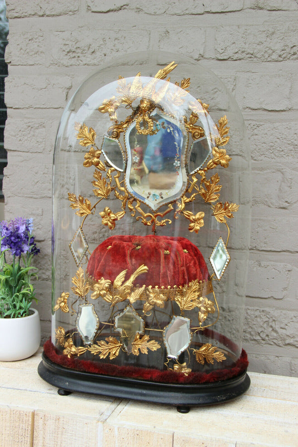 Antique Victorian Bridal wedding dome Globe Glass mirror enamel bird
