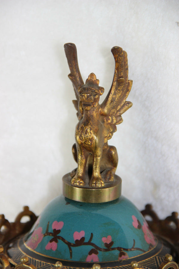 French antique Clock faience Polychrome bird dragon chimaera top lion heads