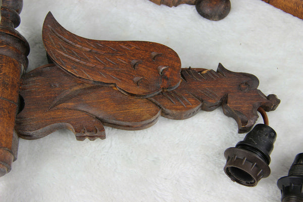 Set 6 Antique French wood carved gothic castle dragon chimaera Sconce wall light