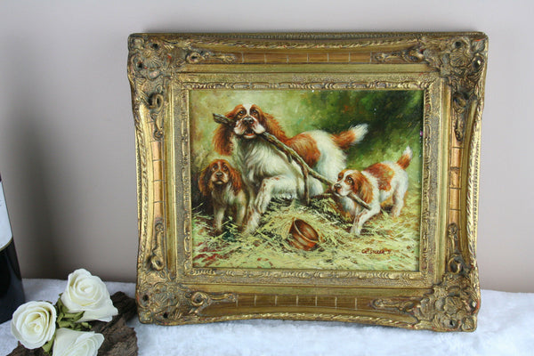 Gorgeous Cavalier King charles Oil panel dogs painting 1971 signed english schoo