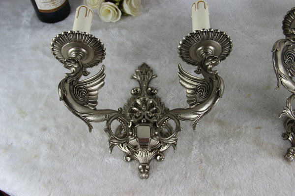 PAIR French gothic castle Dragon Chimaera Wall lights sconces silver patina
