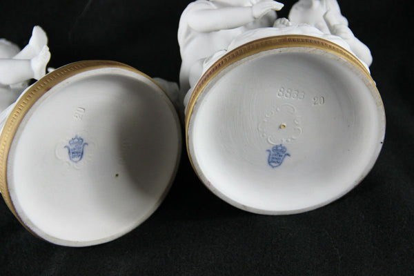 Pair German Unterweissbach marked porcelain bisque putti angels group statues