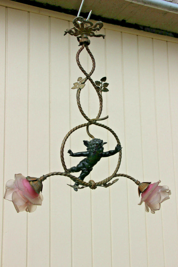 Antique French Art nouveau putti angel spelter Bronze chandelier pendant