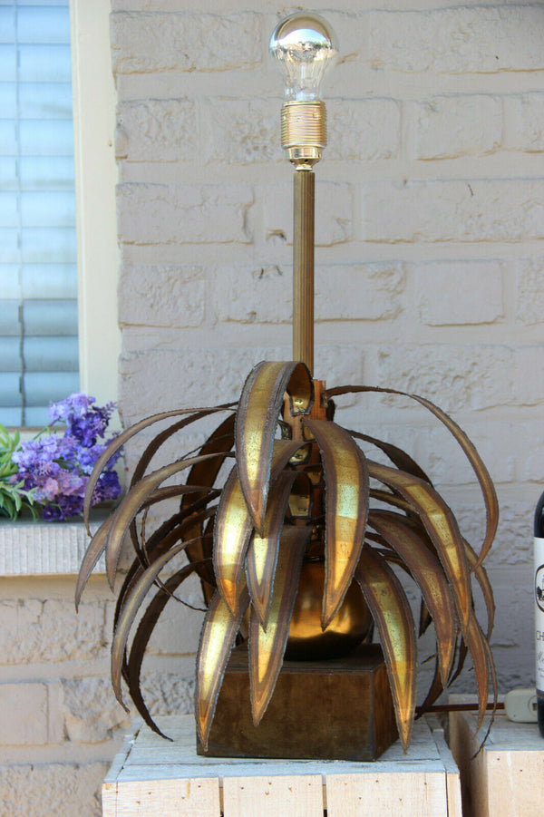 Hollywood regency Palm pineapple leaves metal gold gilt lamp attr.maison jansen
