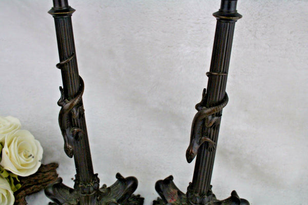 Antique PAIR 19th c French Bronze Salamander Candle holders