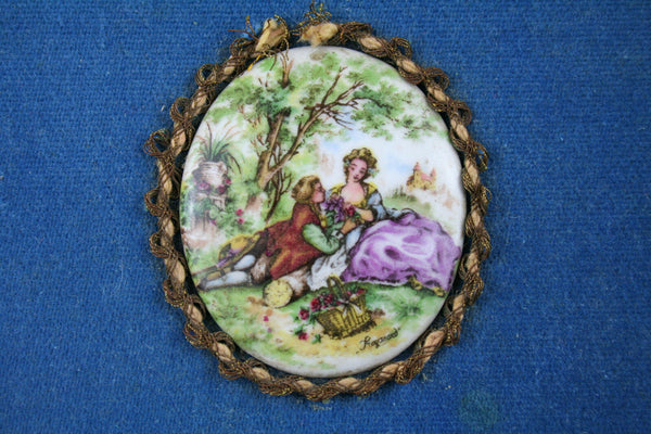 Antique FRENCH fabric box velvet nice color blue with medallion frazarte signed