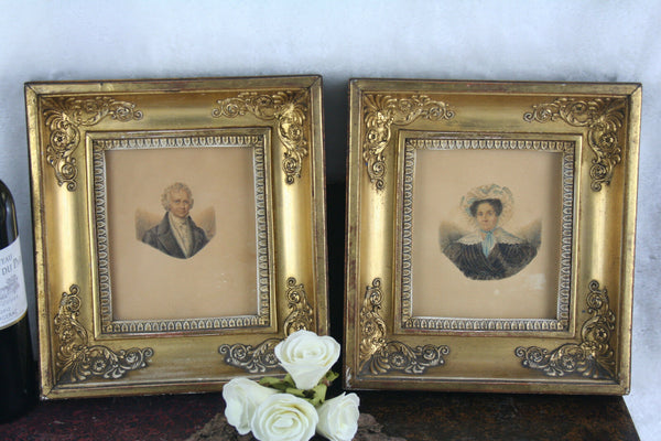 PAIR antique 1834 signed french antique drawing portraits lady man monogrammed