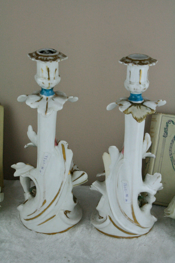 Antique Pair  French  porcelain hunt dog vases candle holder attr. jacob petit