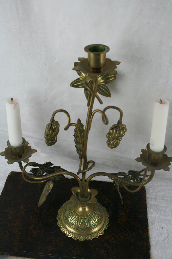 Religious brass candleholder fruits 1920 French antique