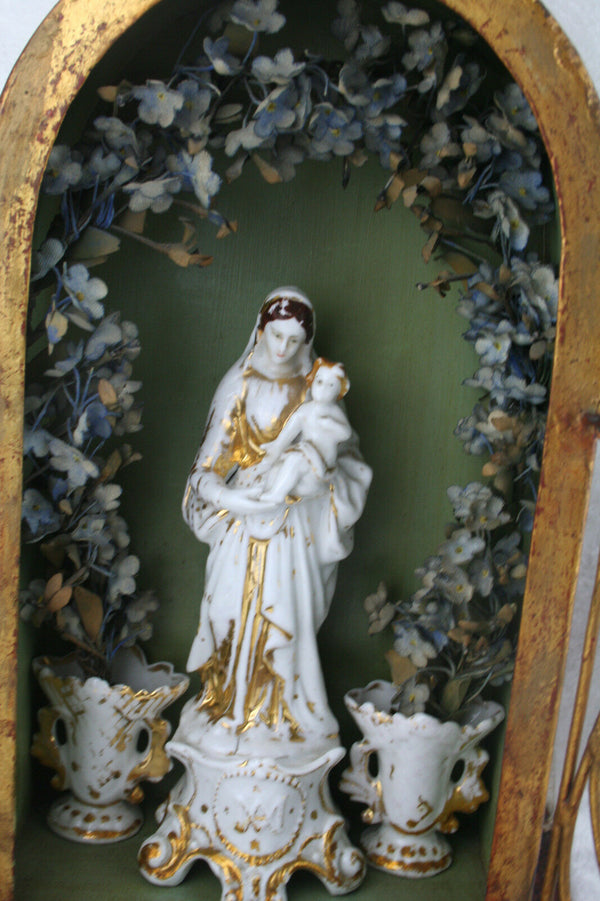 Antique 1925 old paris madonna porcelain in shrine chapel matching vases silk fl