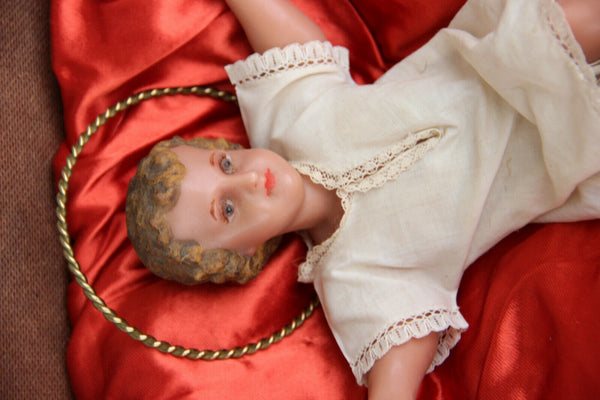 Antique Religious christmas nativity baby jesus child wax figurine box straw