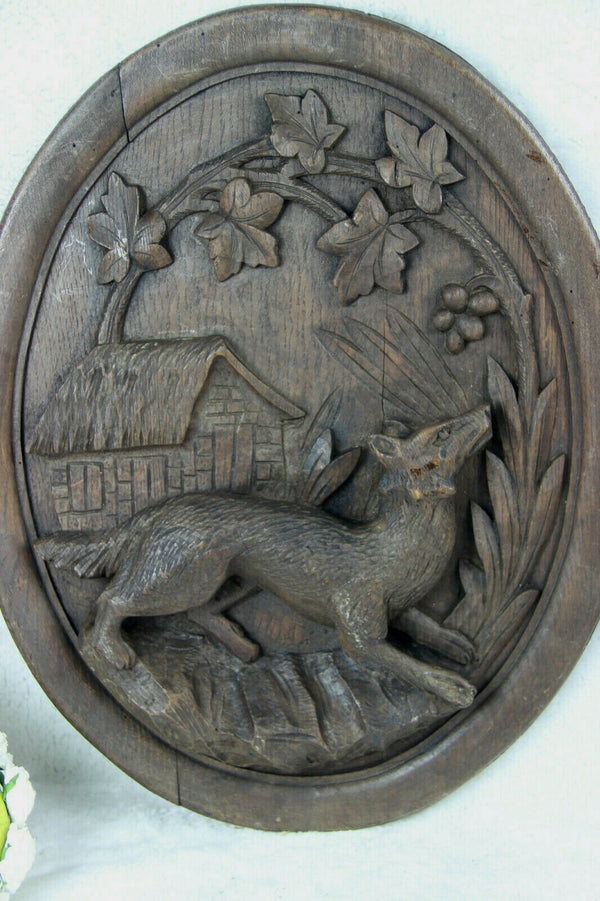 PAIR Antique black forest Wood carved oval plaques panel Dog fox hunting scene