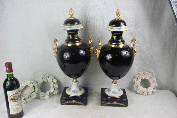 PAIR french marked Limoges porcelain Satyr head floral Vases 1950