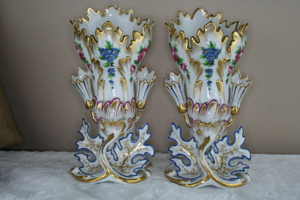 Antique 19thC PAIR vieux paris porcelain floral decor Vases style de Jacob petit