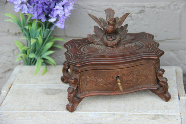Antique Swiss black forest wood carved jewelry trinket box birds nest velvet