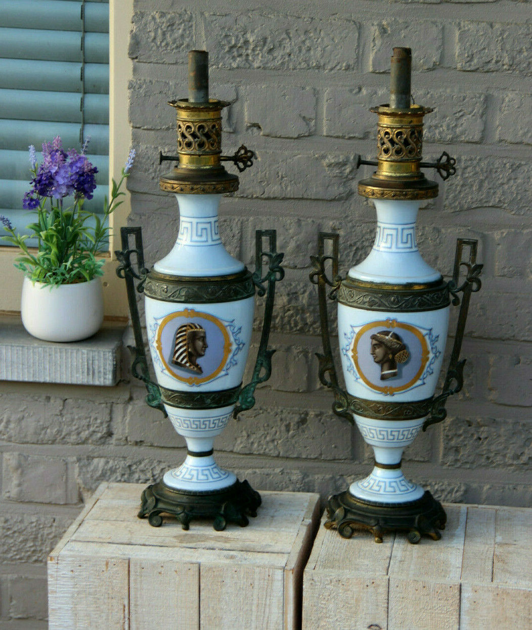 PAIR antique French oil Lamps porcelain Bronze Egypt potrait heads Rare marked