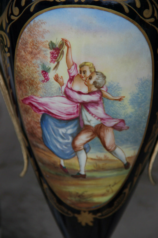 XL pair French sevres blue porcelain romantic victorian Vases marked lion head