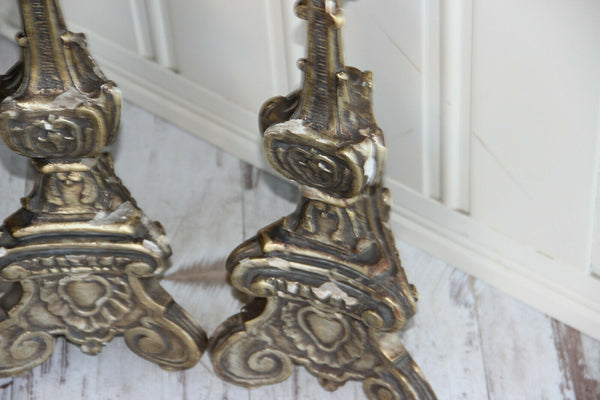 PAIR antique italian religious altar church candelabras candlestick wood carved