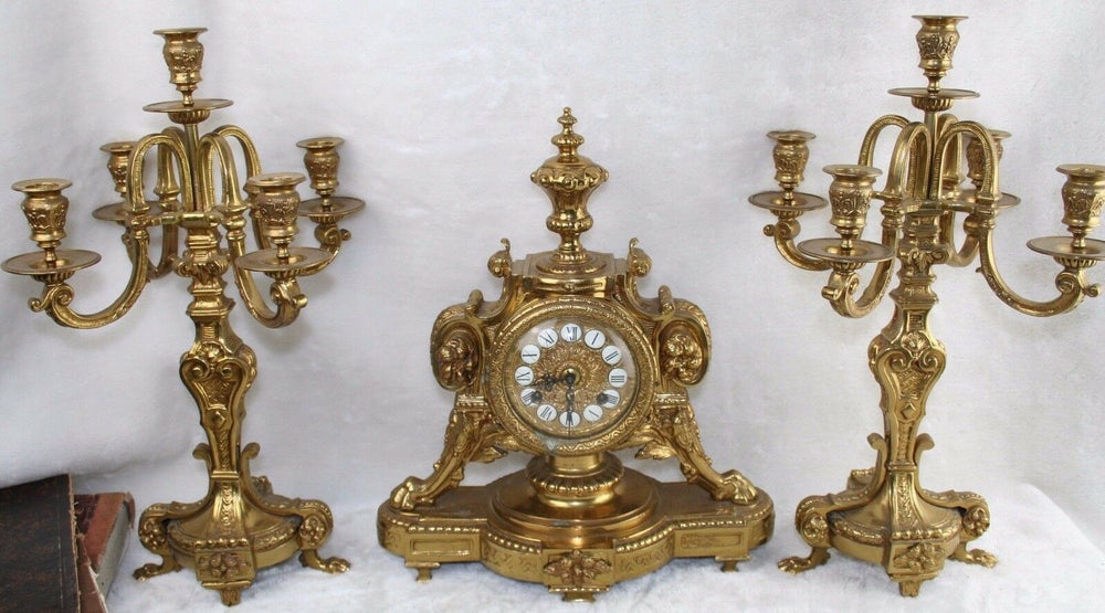 French Vintage Bronze clock candelabras eagle / lion paw unusual set FHS movemen
