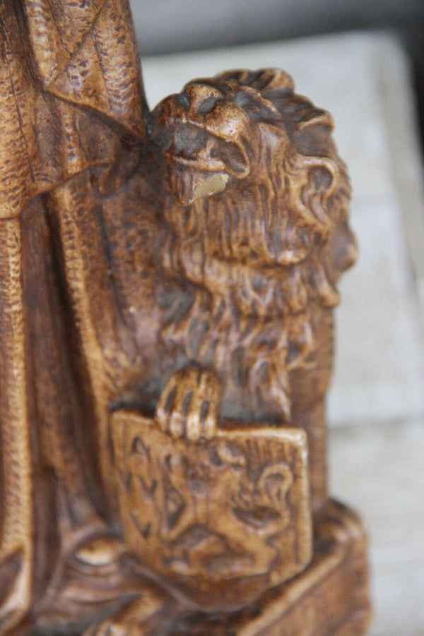 Large antique Chalkware Religious Madonna statue figurine flanders lion symbol