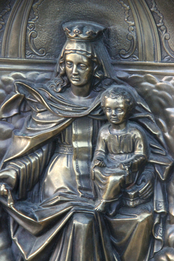 Large antique French copper embossed Relief madonna child wall panel plaque