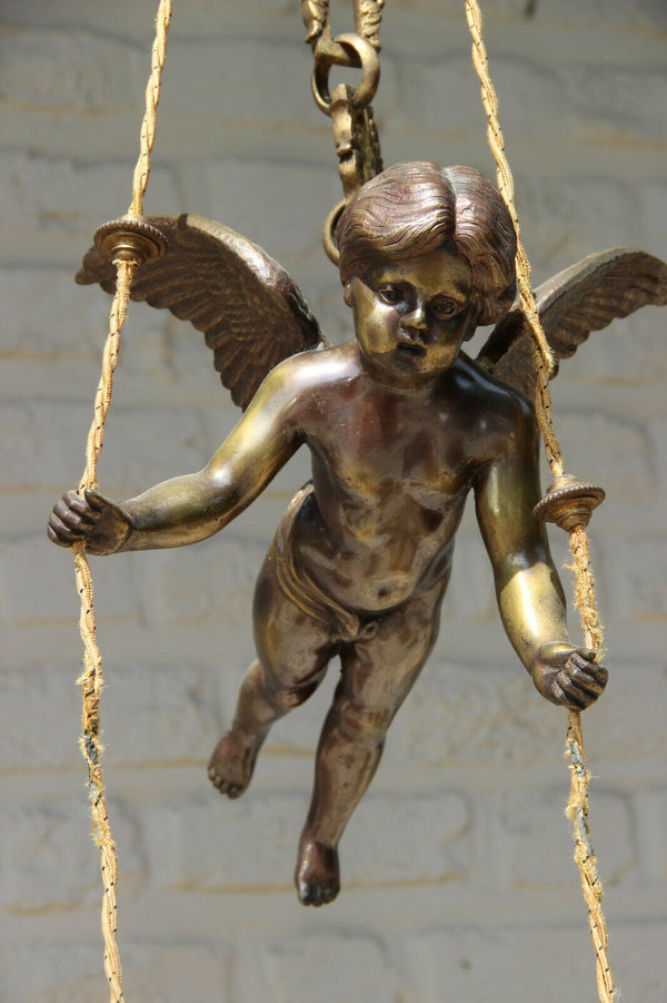 Antique French bronze angel putti pendant chandelier amber tulip shades 1900