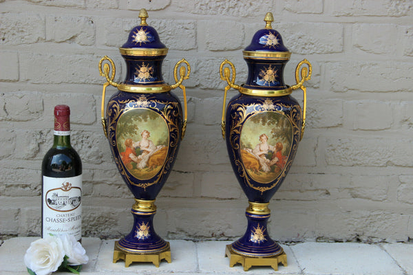 PAIR French Sevres Limoges cobalt blue romantic Scene Vases