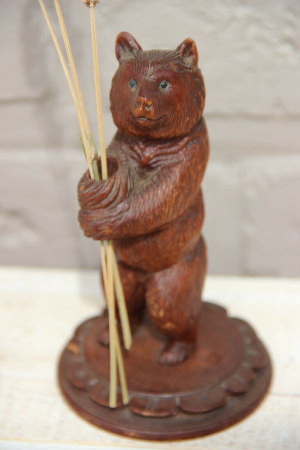 Antique hand Black forest wood carved swiss bear statue pique fleur