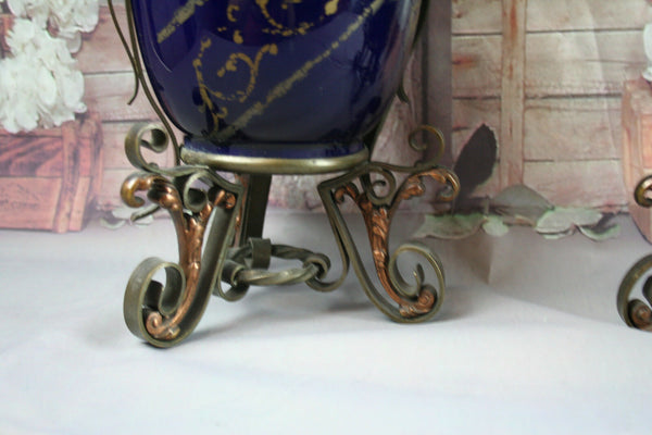PAIRE Castle neo gothic French Faience Vases urns Cassolettes Blue wrought iron