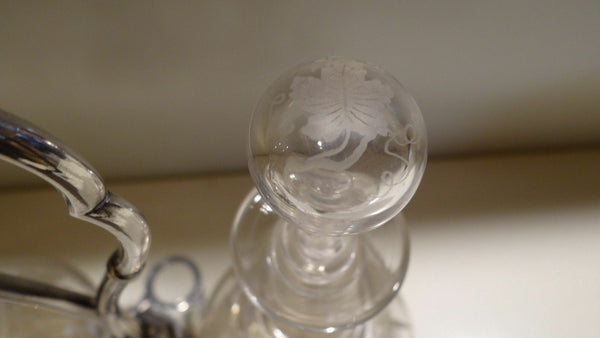 Antique XIX English silver metal crystal glass engraved oil vinegar cruet stand