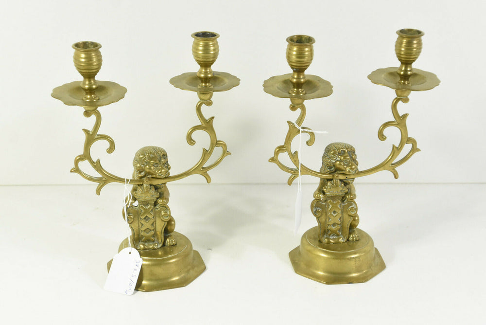 20th century Brass Candelabras  with Lion and Coat of Arms of Amsterdam