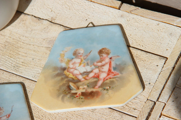 PAIR antique Limoges Porcelain putti angels wall plaques Romantic