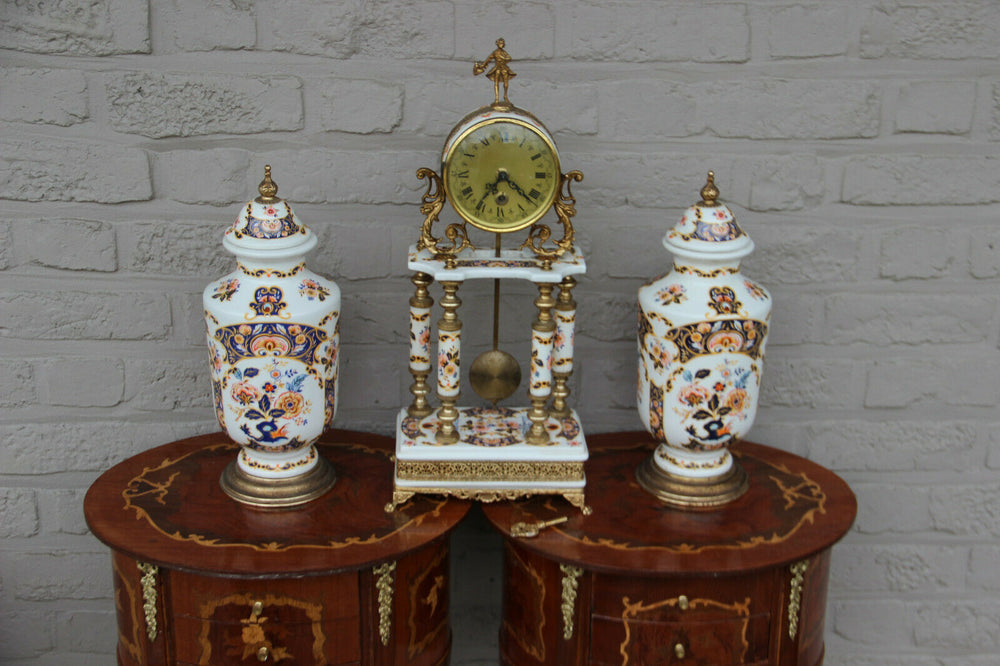 Vintage French Limoges porcelain floral clock set vases putti 1960