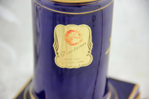 French Limoges Floral Table lamp porcelain blue marked lion paws