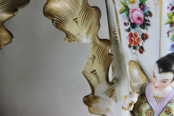 PAIR antique rare Vieux paris Vases japanese figurines geisha floral 19thc