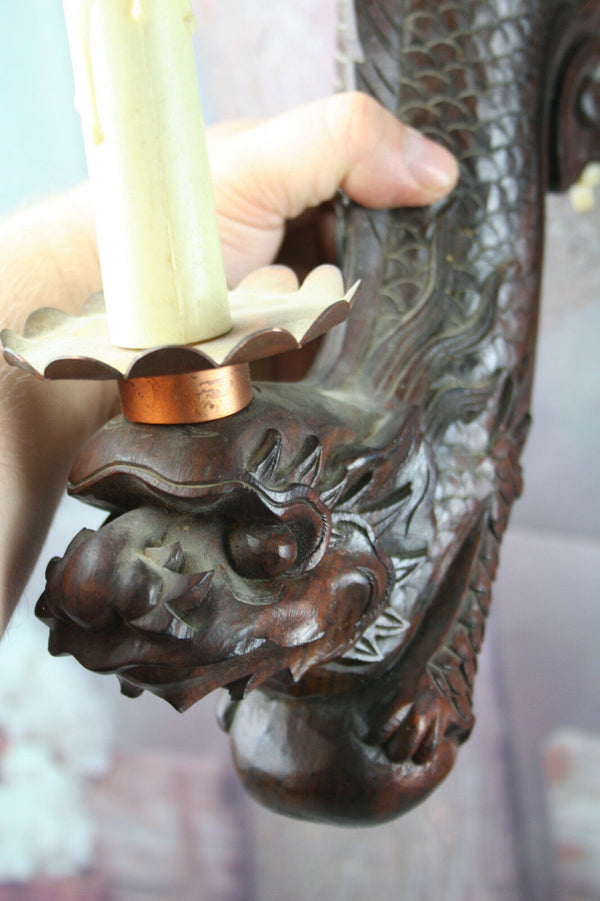 Exclusive XL Pair Chinese Foo Dogs sconces wood carved lamps 19th c dragons