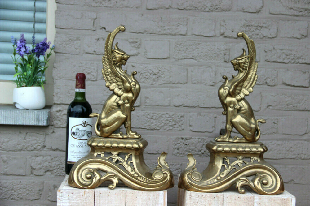 PAIR antique XL Brass Gothic Griffin Dragon Fireplace andirons
