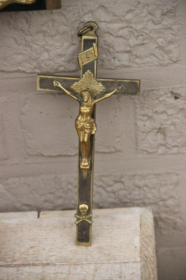 Set 3 antique french religious metal wood crucifix