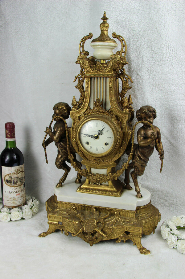 HUGE Bronze White marble putti faun figurines  mantel clock