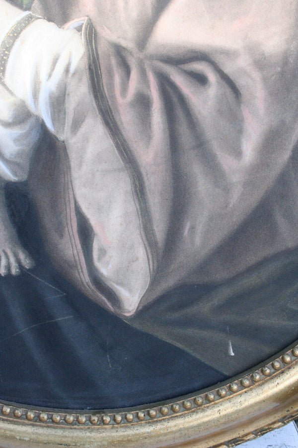 Antique Religious 19thc PASTEL Madonna with child Italian school painting oval