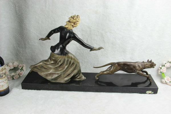 XXL French ART DECO 1930 spelter bronze lady dog on leash marble base