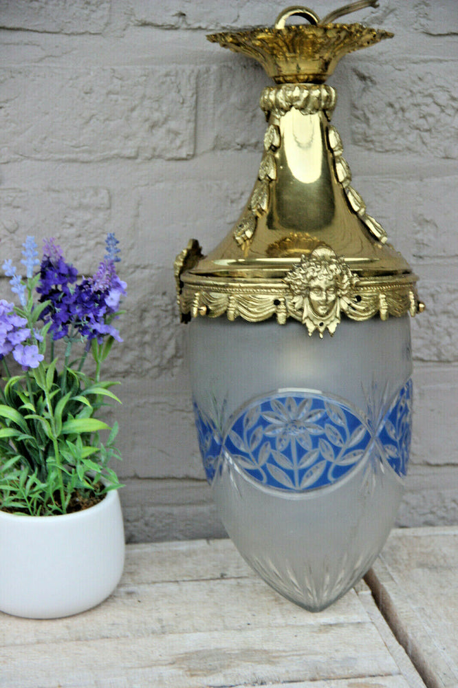 French Vintage LAntern chandelier crystal glass blue shade medusa head portrait