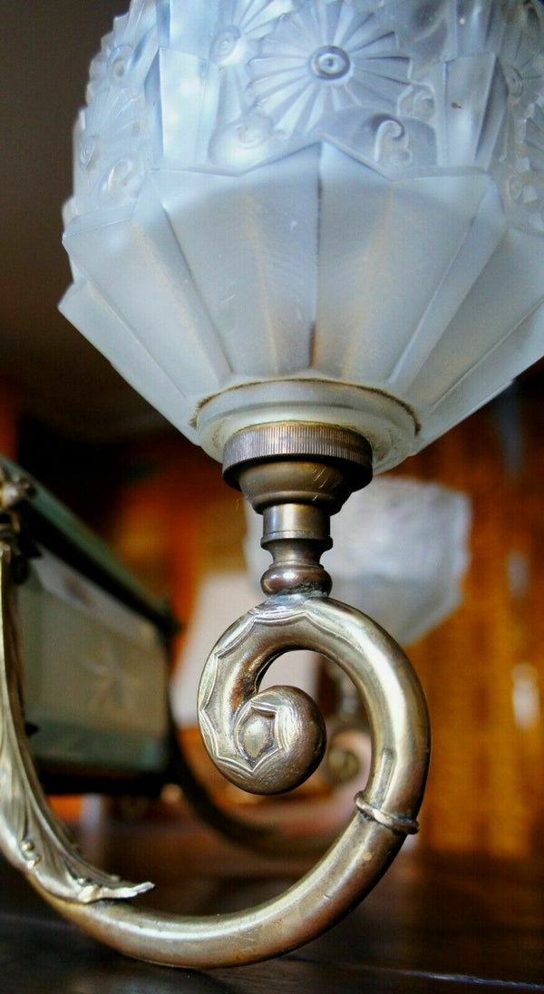 Antique French ART DECO 1930 Bronze Glass crystal cut chandlier 7 light
