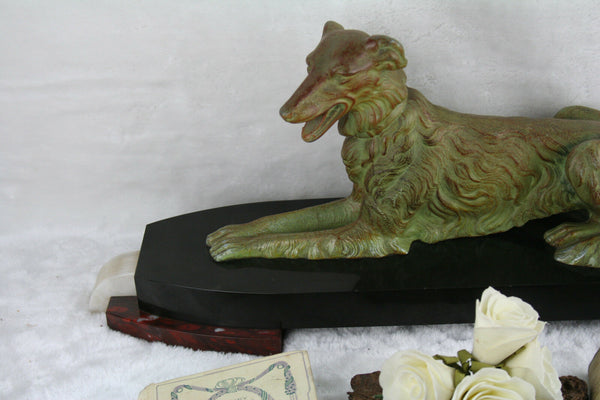 XL ART DECO 1930 French Whippet greyhound Spelter green bronze patina marble