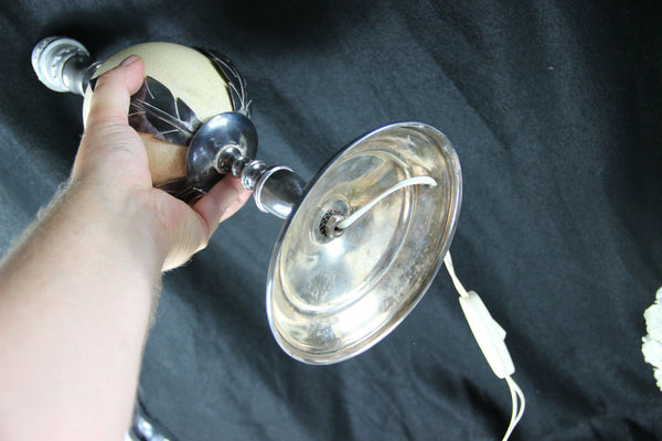 Vintage french mid century 1970 Metal ostrich egg table lamp leaves