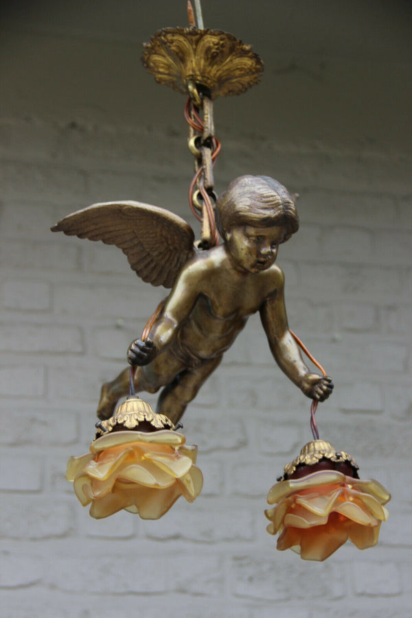 Superb antique parisian heavy bronze putti angel pendant lantern chandelier