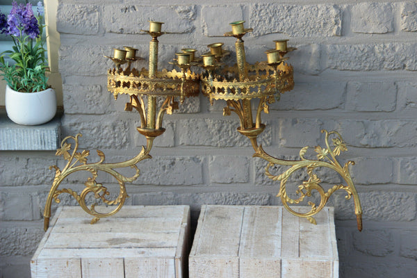 PAIR antique neo gothic dragon Church religious Wall candle holders brass n2