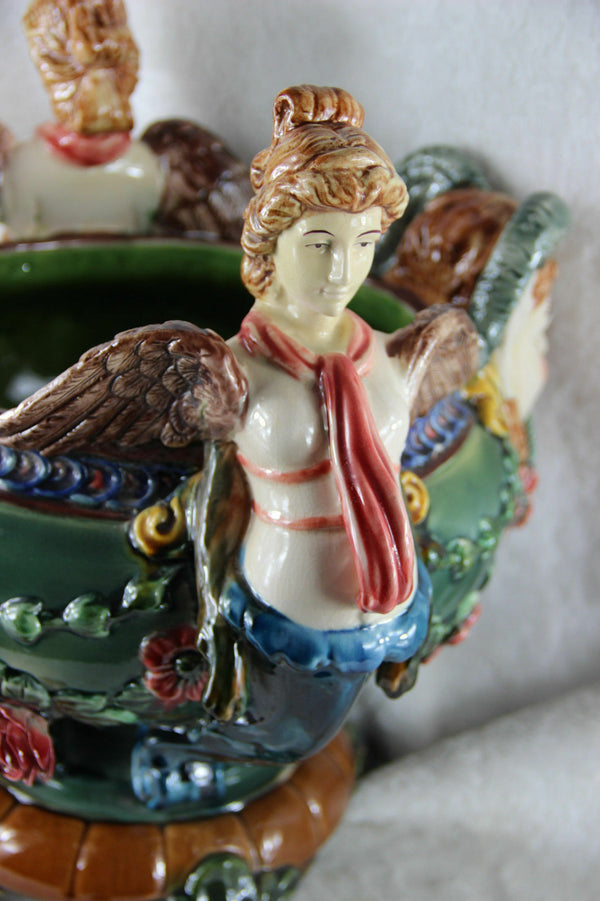Stunning XXL Satyr caryatid heads Barbotine Majolica Planter jardiniere Vintage