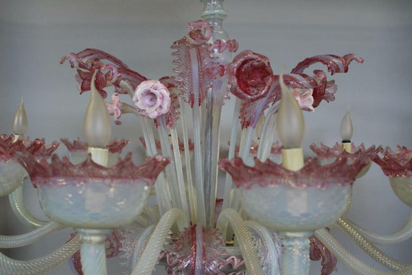 XXL Majestical 12 ARMS murano Venetian pink glass hand blown Chandelier 1960's
